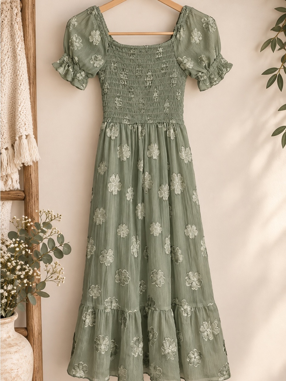 Girls' Olive Green Floral Smocked Cotton Dress - Picture 2 of 2